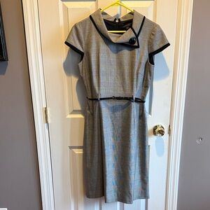 Tahari Gray Dress with Black Trim and plaid pattern